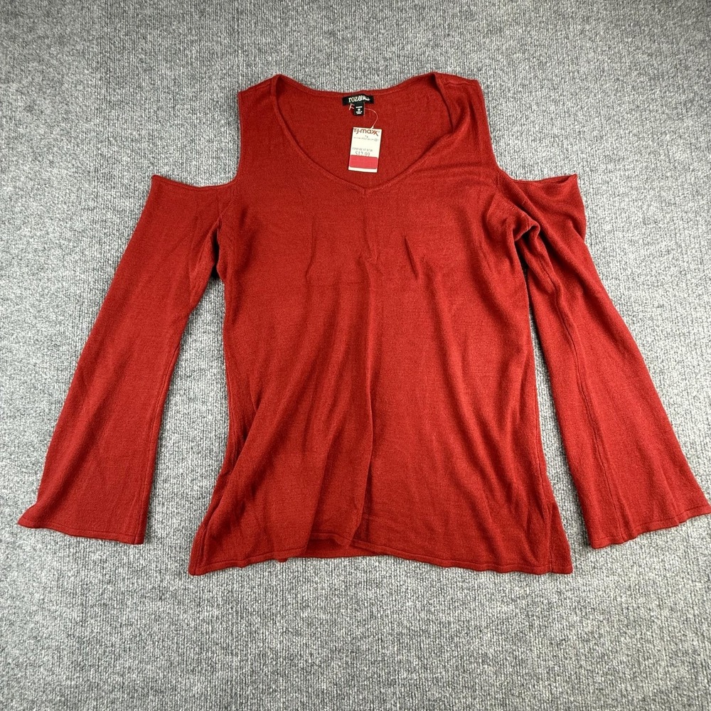Roz & Ali Sweater Womens 1X Red Cold Shoulder V Neck Lightweight Knit Pullover